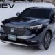 A sleek black Honda e:HEV Next Generation hybrid SUV driving confidently on a snowy road, showcasing its electric all-wheel drive capability. The vehicle kicks up snow as it maintains traction, with the e:HEV logo in the upper left corner of the image.