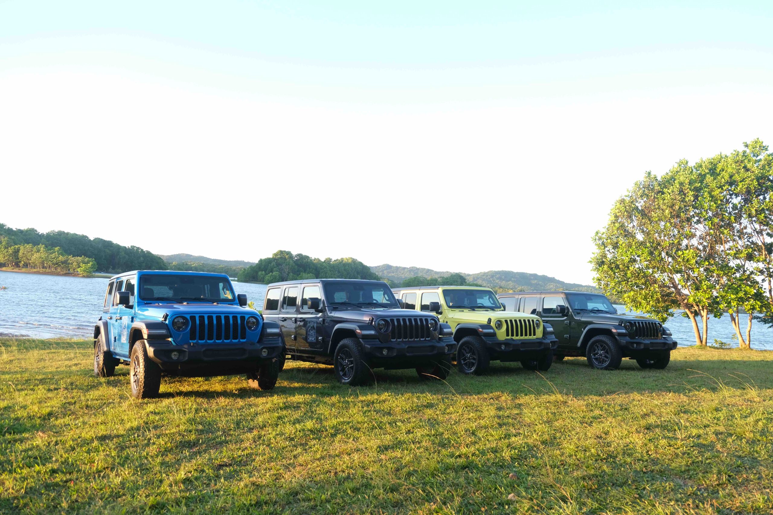 A lineup of colorful Jeep® Wrangler 4-Door models parked on a grassy field beside a lake, with hills and trees in the background under a clear sky.