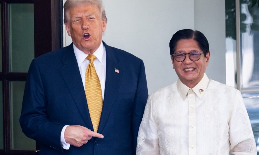 Former US President Donald Trump and Philippine President Ferdinand Marcos Jr. pose together outside the White House following bilateral trade talks.