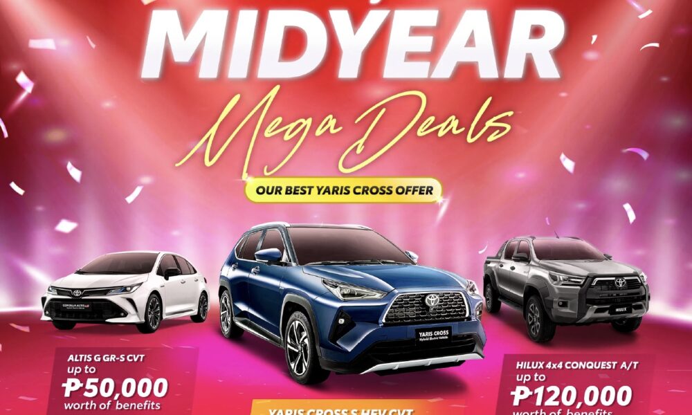 Three Toyota vehicles — Altis G GR-S CVT, Yaris Cross S HEV CVT, and Hilux 4x4 Conquest A/T — featured on a red and pink confetti-themed backdrop with text announcing "The Toyota Midyear Mega Deals" and benefits of up to ₱125,000.