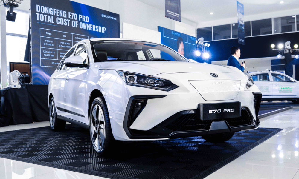 Front view of the white Dongfeng E70 Pro electric sedan on display during its official launch event in the Philippines.