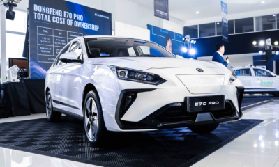 Front view of the white Dongfeng E70 Pro electric sedan on display during its official launch event in the Philippines.