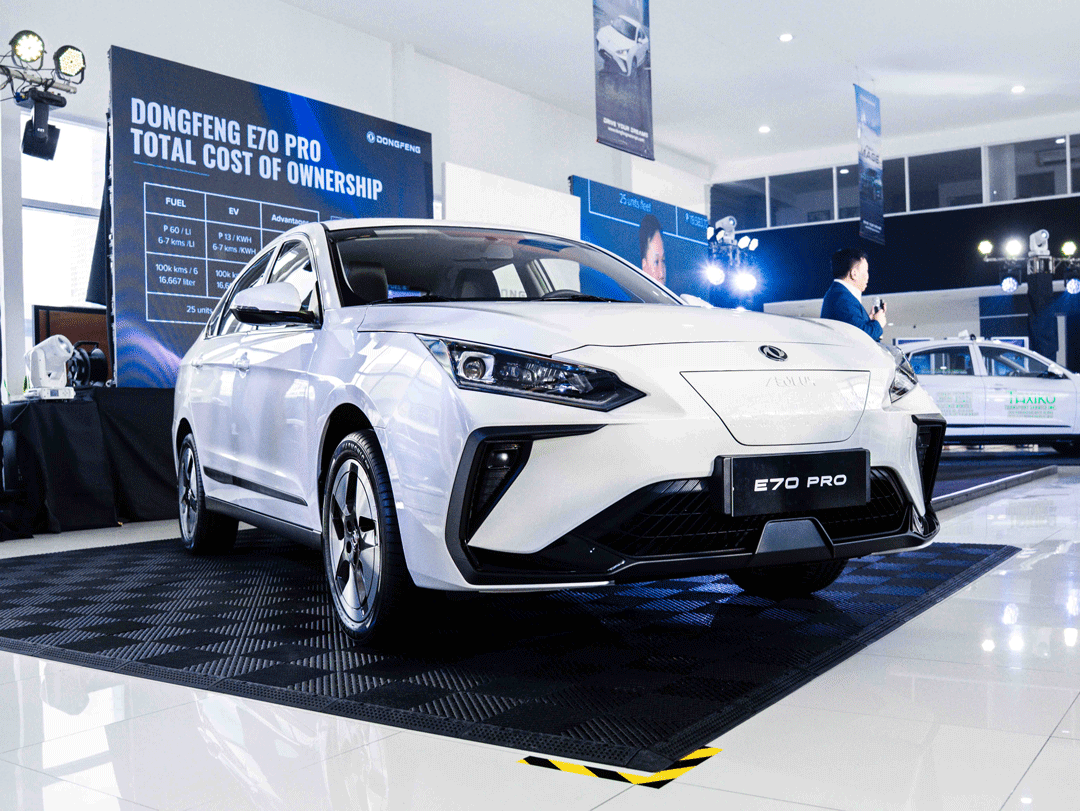 Front view of the white Dongfeng E70 Pro electric sedan on display during its official launch event in the Philippines.