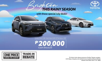 Three Toyota vehicles—Corolla Cross, Yaris Cross, and Camry—on a blue background with clouds, promoting July 2025 rainy season deals.