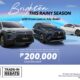 Three Toyota vehicles—Corolla Cross, Yaris Cross, and Camry—on a blue background with clouds, promoting July 2025 rainy season deals.