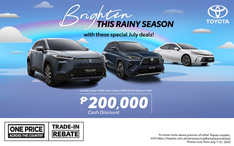 Three Toyota vehicles—Corolla Cross, Yaris Cross, and Camry—on a blue background with clouds, promoting July 2025 rainy season deals.