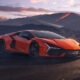 Bright orange Lamborghini Revuelto hybrid supercar parked on a rugged volcanic landscape at sunset, with glowing lava trails on mountains in the background.