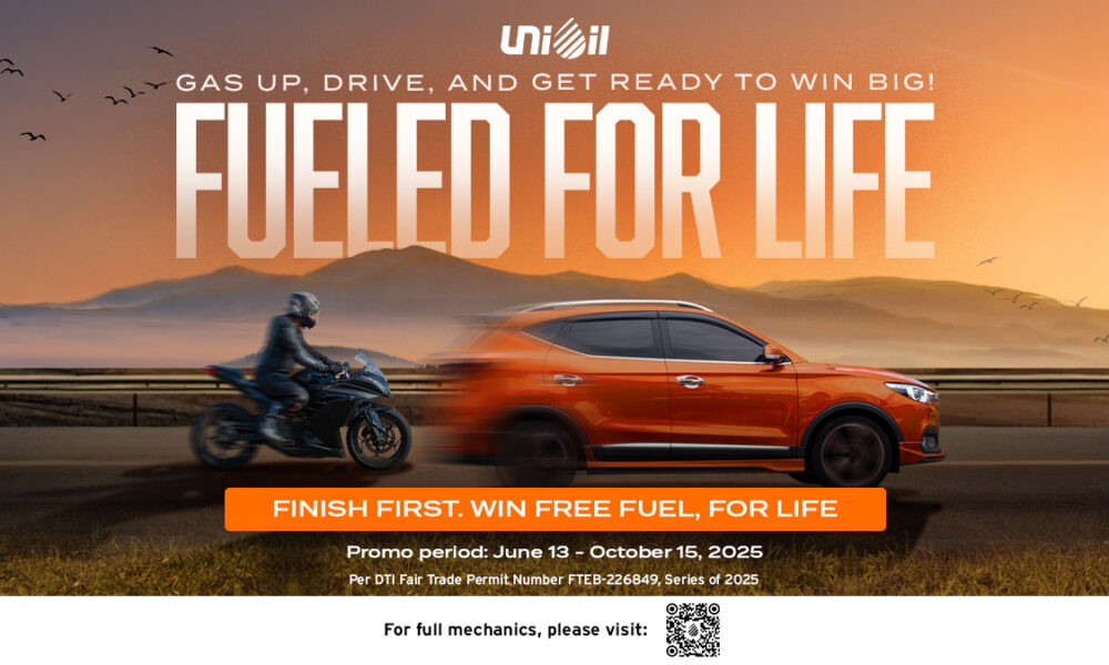 A promotional image for Unioil’s “Fueled for Life” campaign, showing a black motorcycle and an orange SUV racing side by side on a highway at sunset. The text reads: “Fueled for Life – Gas up, drive, and get ready to win big! Finish first. Win free fuel, for life.” Promo runs from June 13 to October 15, 2025.