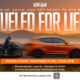 A promotional image for Unioil’s “Fueled for Life” campaign, showing a black motorcycle and an orange SUV racing side by side on a highway at sunset. The text reads: “Fueled for Life – Gas up, drive, and get ready to win big! Finish first. Win free fuel, for life.” Promo runs from June 13 to October 15, 2025.