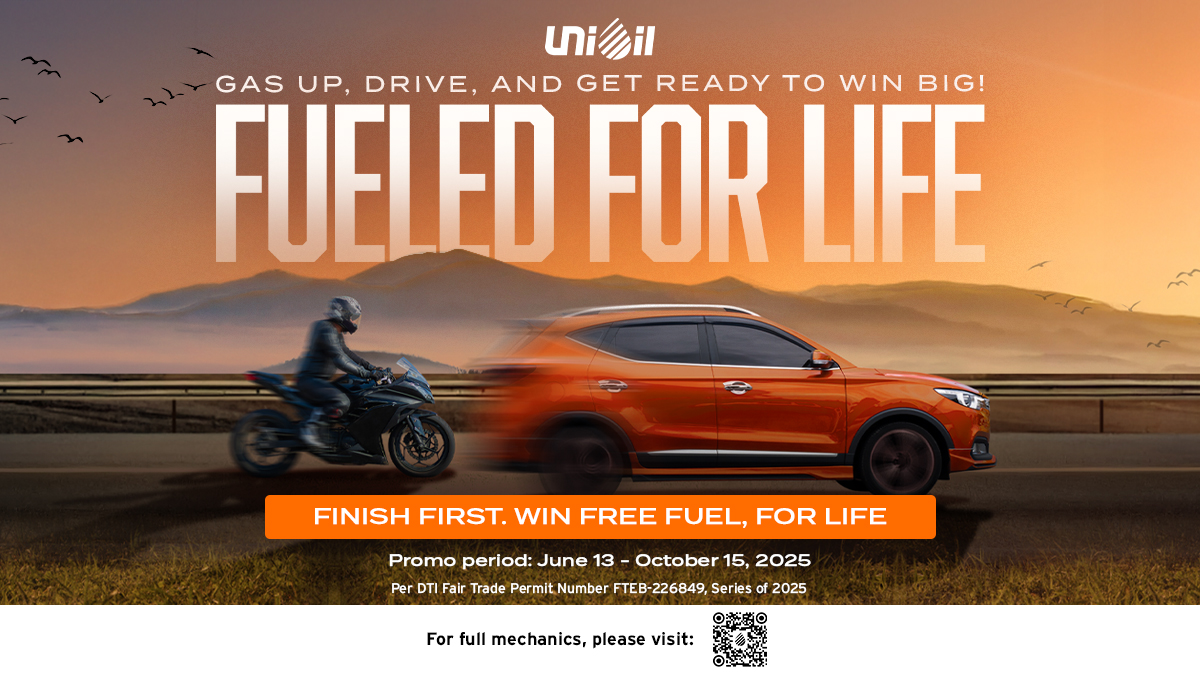 A promotional image for Unioil’s “Fueled for Life” campaign, showing a black motorcycle and an orange SUV racing side by side on a highway at sunset. The text reads: “Fueled for Life – Gas up, drive, and get ready to win big! Finish first. Win free fuel, for life.” Promo runs from June 13 to October 15, 2025.