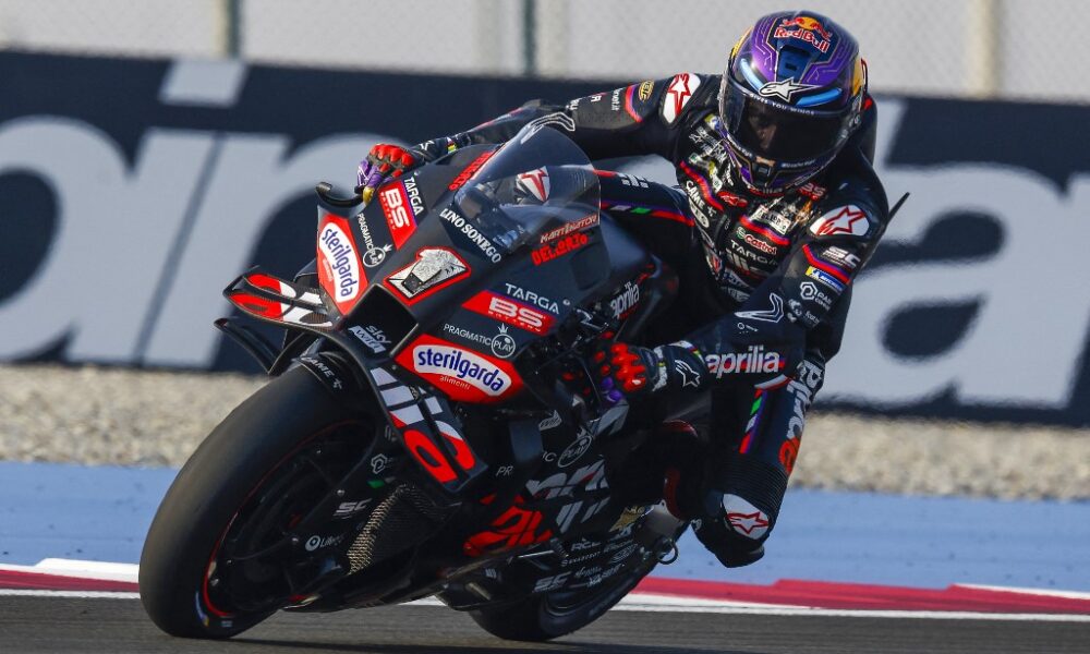 Jorge Martin rides his Aprilia MotoGP bike at speed during a test session at Misano Circuit.
