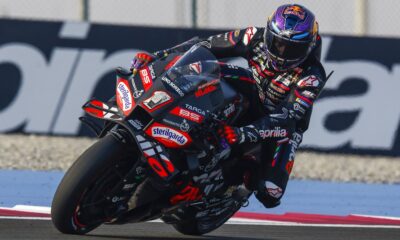 Jorge Martin rides his Aprilia MotoGP bike at speed during a test session at Misano Circuit.