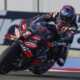 Jorge Martin rides his Aprilia MotoGP bike at speed during a test session at Misano Circuit.