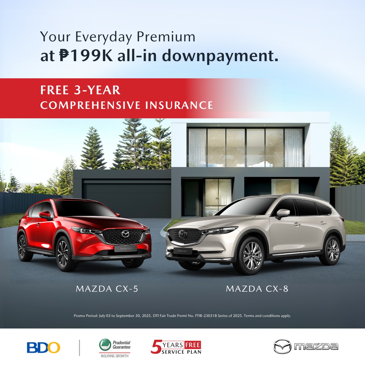 Mazda CX-5 and CX-8 parked in front of a modern home with promo details offering ₱199K all-in downpayment and free 3-year comprehensive insurance.