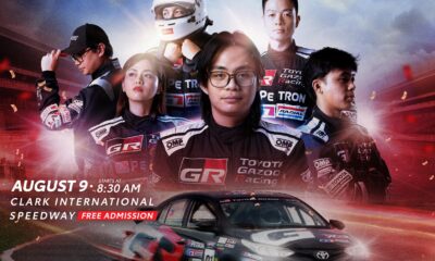 Toyota Gazoo Racing Philippine Cup Race Weekend 3 poster featuring race car drivers, a GR Vios OMR car in motion, and event details for August 9 at Clark Speedway.