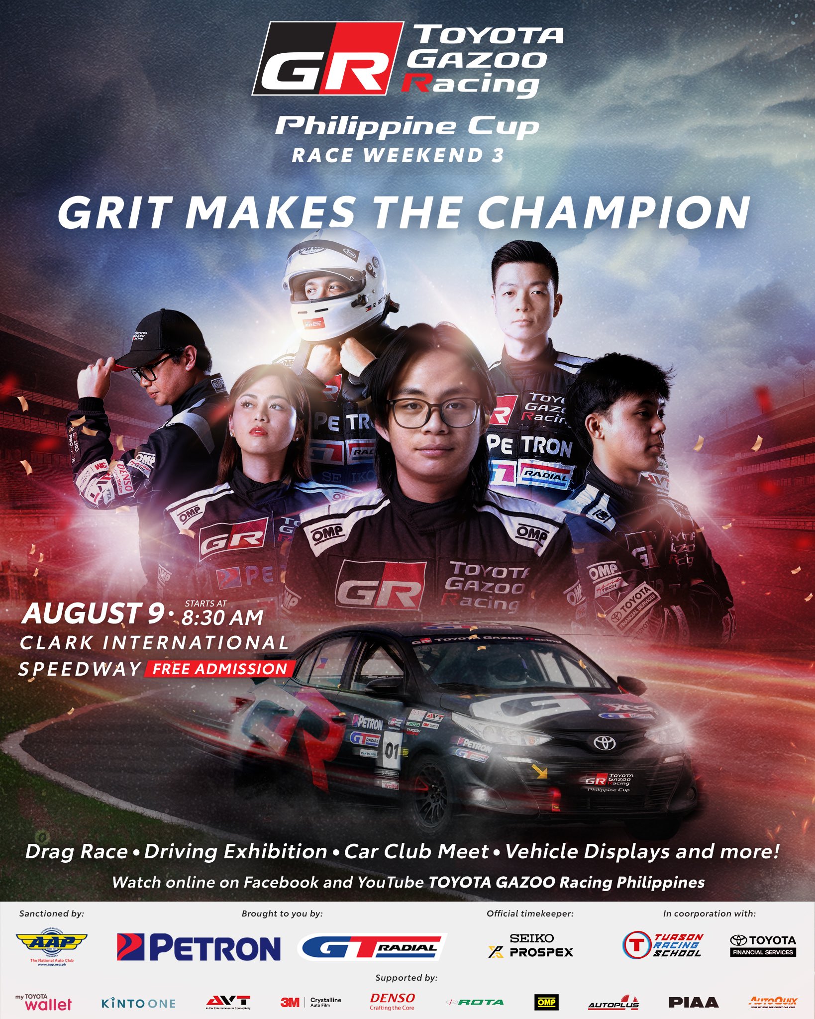 Toyota Gazoo Racing Philippine Cup Race Weekend 3 poster featuring race car drivers, a GR Vios OMR car in motion, and event details for August 9 at Clark Speedway.