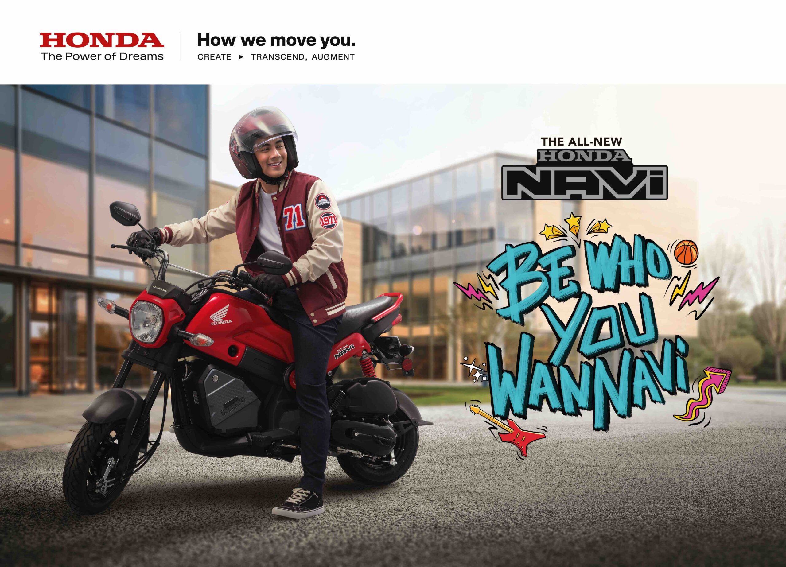 Young man in red varsity jacket sitting on a red Honda NAVi scooter, smiling confidently outside a modern building with “Be Who You WANNAVi” text beside him.