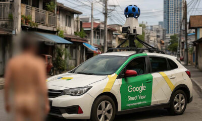 A Google Street View car drives through a typical Metro Manila neighborhood with overhead wires, aging apartment buildings, and a blurred naked figure in the foreground.