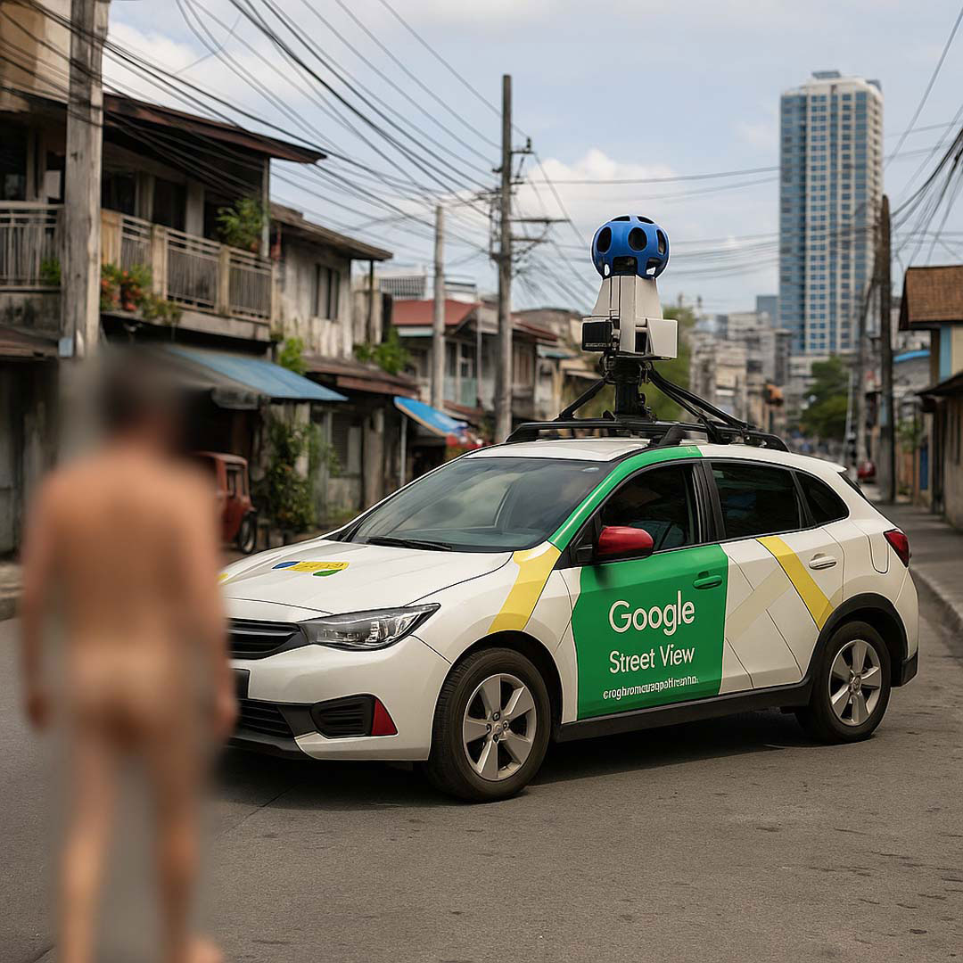A Google Street View car drives through a typical Metro Manila neighborhood with overhead wires, aging apartment buildings, and a blurred naked figure in the foreground.