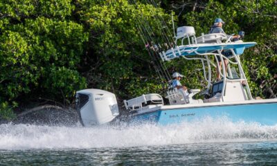 A Sea Born fishing boat equipped with a Honda BF350 V8 outboard engine speeding across the water near a mangrove shoreline.