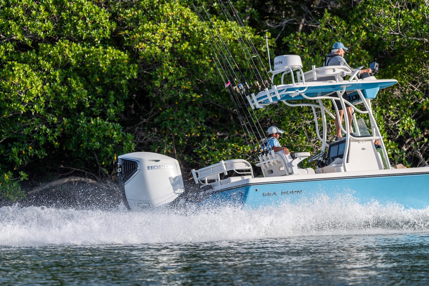 A Sea Born fishing boat equipped with a Honda BF350 V8 outboard engine speeding across the water near a mangrove shoreline.
