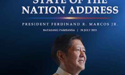 President Ferdinand R. Marcos Jr. in traditional Barong Tagalog, featured in the official 2025 State of the Nation Address poster with date and venue details on a blue background.