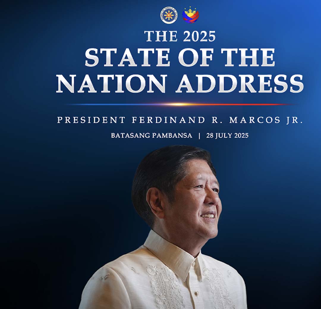President Ferdinand R. Marcos Jr. in traditional Barong Tagalog, featured in the official 2025 State of the Nation Address poster with date and venue details on a blue background.