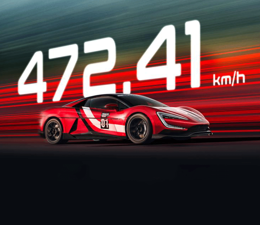 Red YANGWANG U9 Track Edition supercar speeding on track with glowing 472.41 km/h text in the background, highlighting its world record top speed.