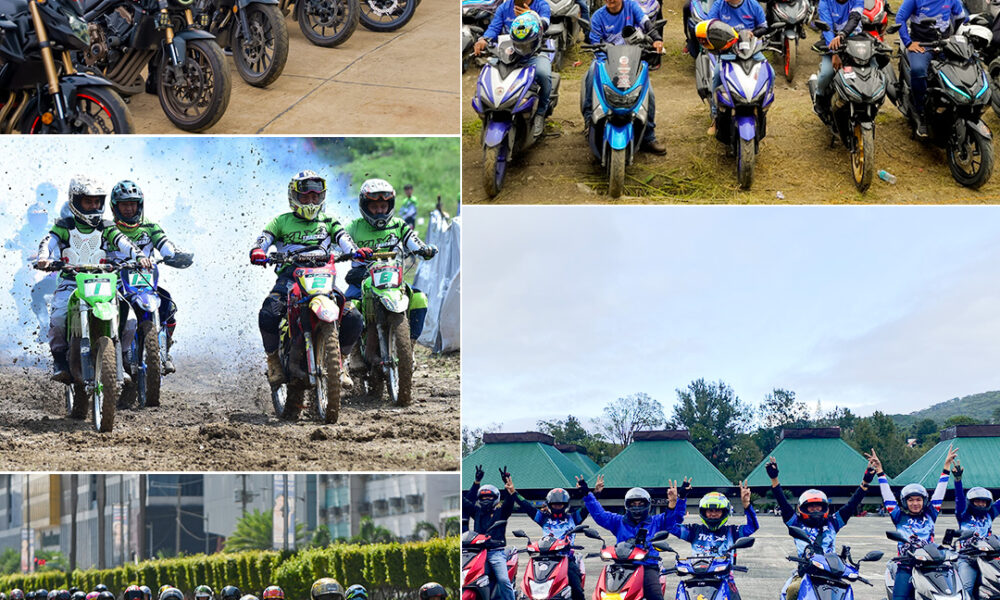 Collage of various motorcycle events in the Philippines, showing riders on big bikes, scooters, and off-road motorcycles, along with large group rides organized by MDPPA members.