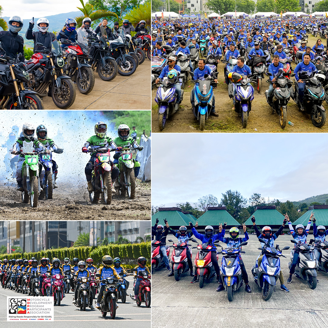 Collage of various motorcycle events in the Philippines, showing riders on big bikes, scooters, and off-road motorcycles, along with large group rides organized by MDPPA members.