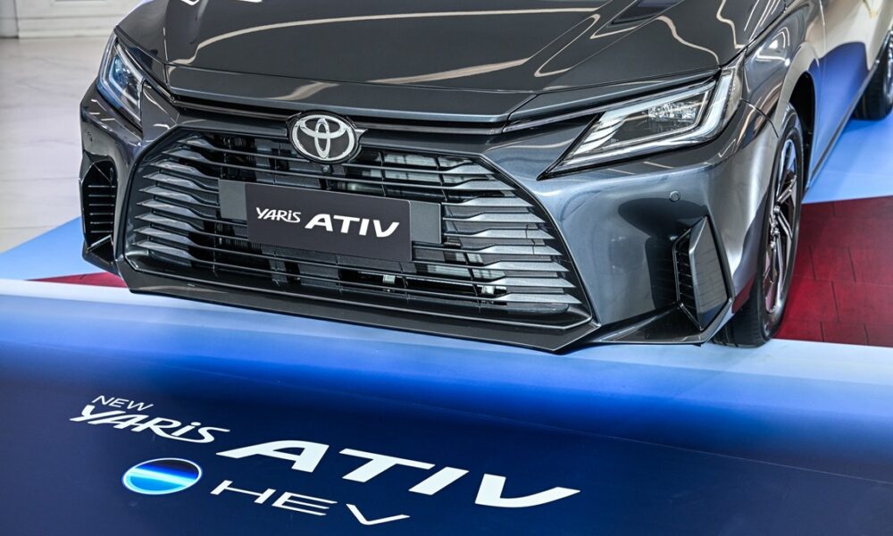 Close-up of the Toyota Yaris Ativ HEV front grille and badge at its launch display in Thailand.