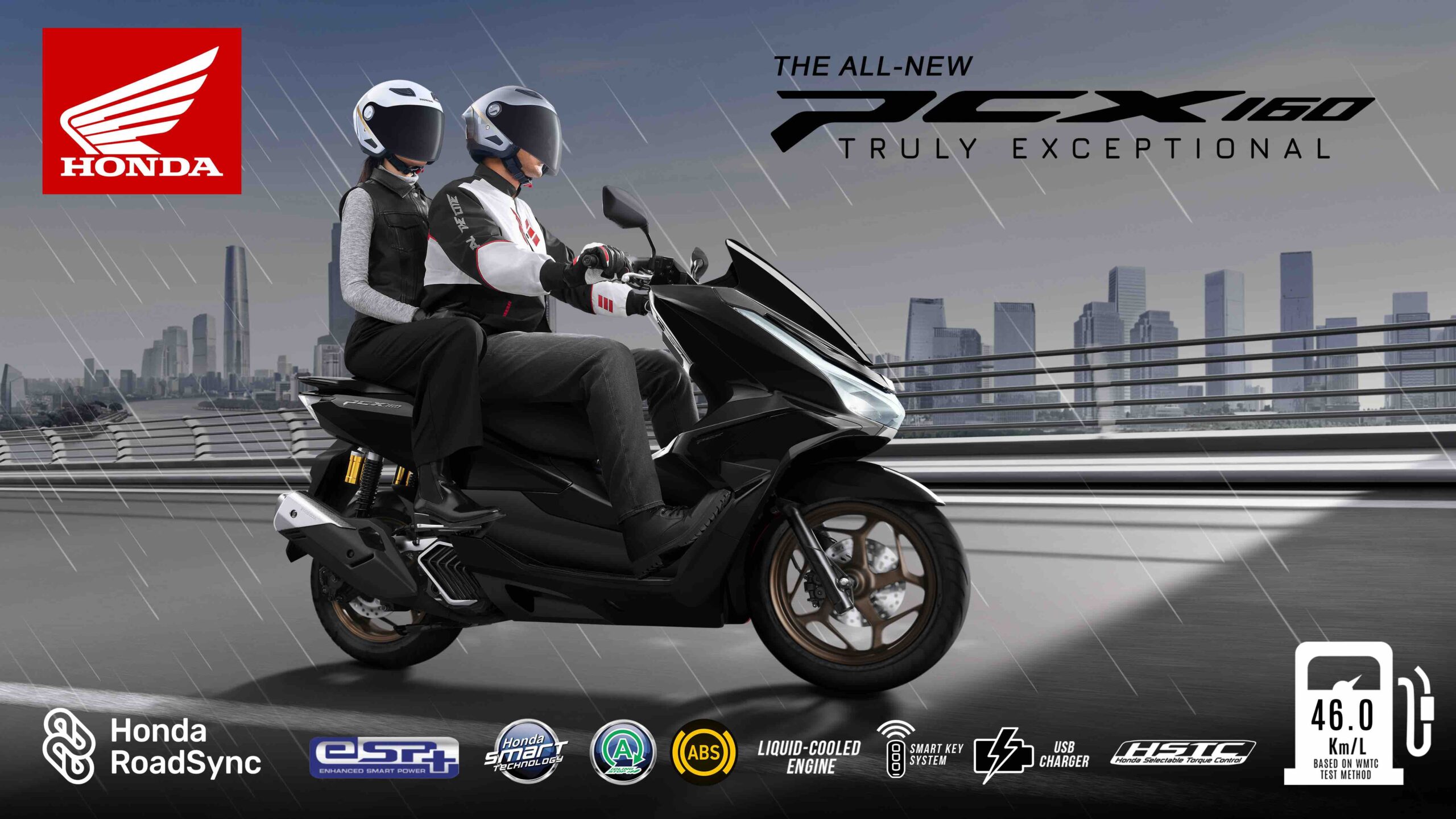 Two riders on a black Honda PCX160 scooter drive confidently in the rain across a modern city bridge, with visible rain streaks and city skyline in the background.