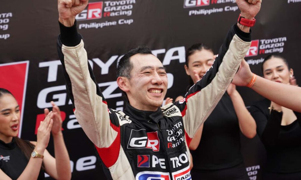 Toyota Motor Philippines President Masando Hashimoto celebrates with raised arms after winning the Endurance Race at the 2025 Toyota Gazoo Racing Philippine Cup.