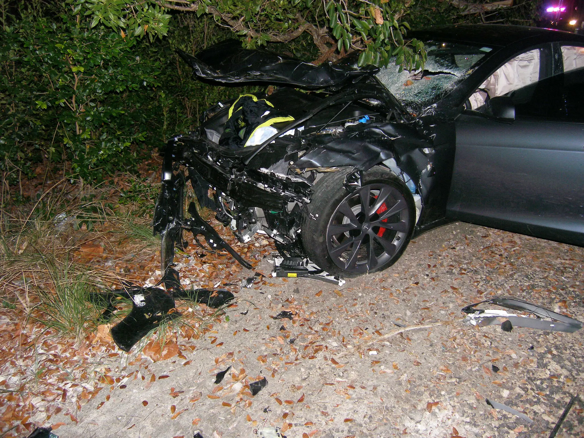 Crashed Tesla Model S with severe front-end damage on a roadside near dense foliage.