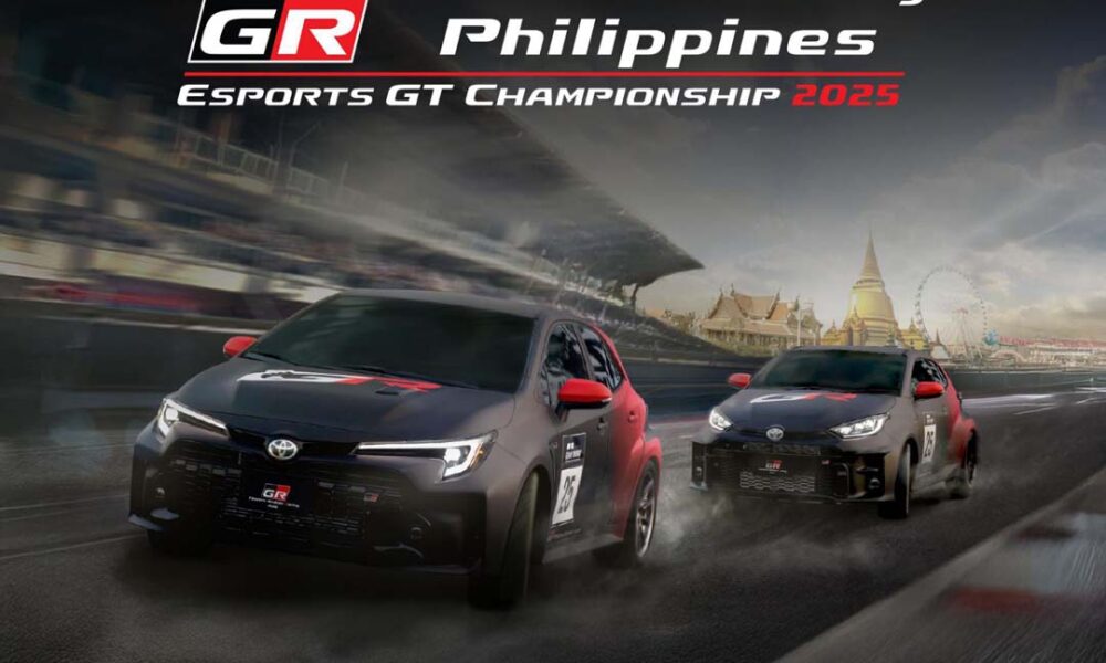 Two Toyota Gazoo Racing cars race on a digital track in the official poster of the Toyota Gazoo Racing Philippines eSports GT Championship 2025, featuring sponsor logos and event details.