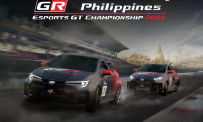 Two Toyota Gazoo Racing cars race on a digital track in the official poster of the Toyota Gazoo Racing Philippines eSports GT Championship 2025, featuring sponsor logos and event details.