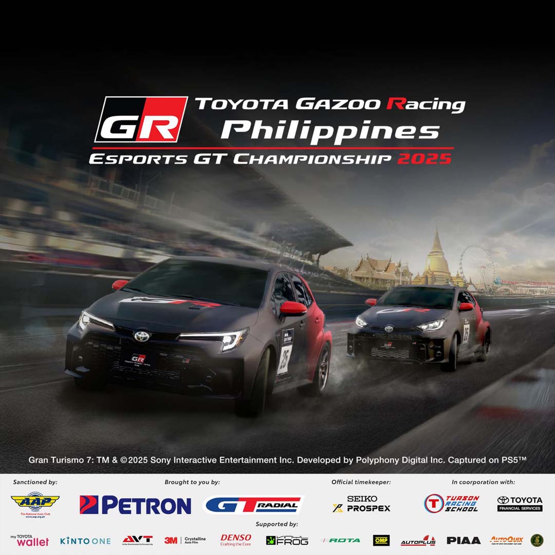 Two Toyota Gazoo Racing cars race on a digital track in the official poster of the Toyota Gazoo Racing Philippines eSports GT Championship 2025, featuring sponsor logos and event details.