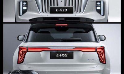 Front, rear, and side views of the Hongqi E-HS9 luxury electric SUV in white, showcasing its bold grille, LED headlights, and rear light bar design.