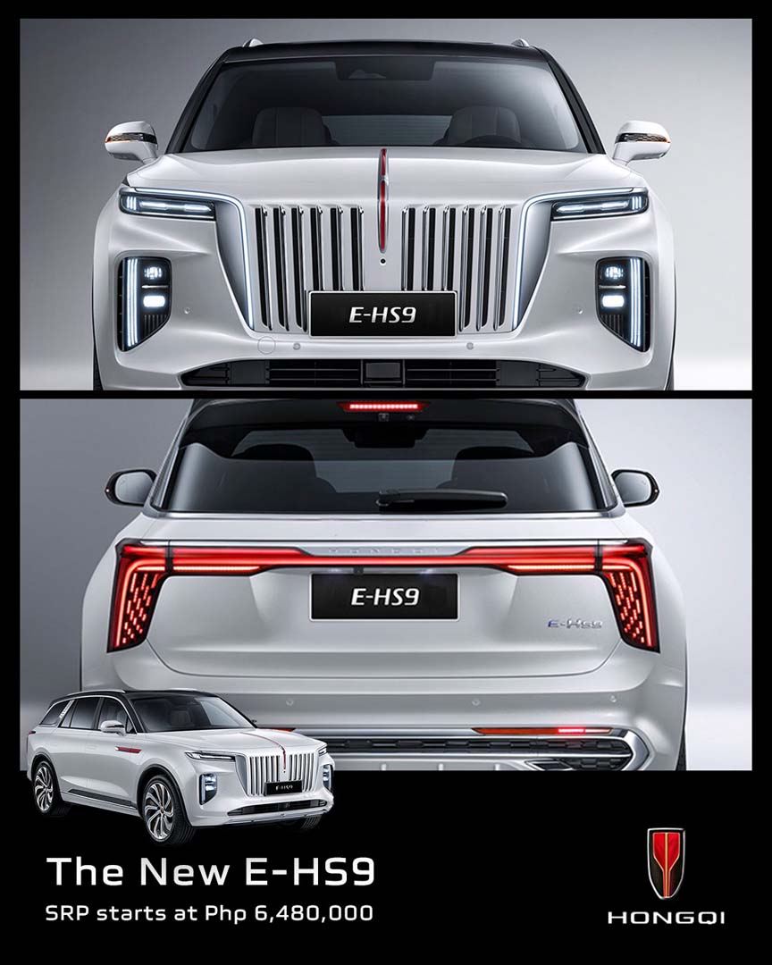 Front, rear, and side views of the Hongqi E-HS9 luxury electric SUV in white, showcasing its bold grille, LED headlights, and rear light bar design.