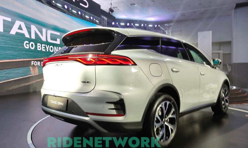 Rear view of the newly launched BYD Tang DM-i plug-in hybrid SUV displayed on stage in the Philippines.