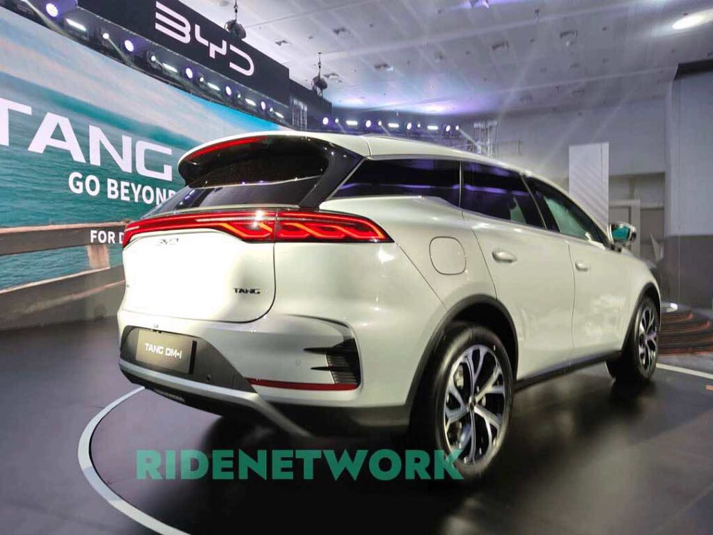 Rear view of the newly launched BYD Tang DM-i plug-in hybrid SUV displayed on stage in the Philippines.