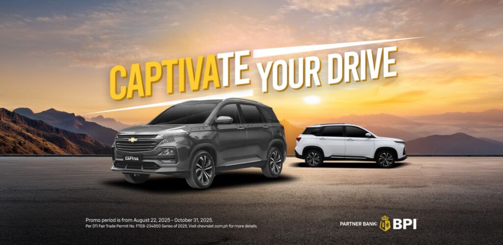 Two Chevrolet Captiva SUVs, one in black and one in white, displayed on a scenic mountain road at sunset with the text "Captivate Your Drive" and the BPI partner logo.