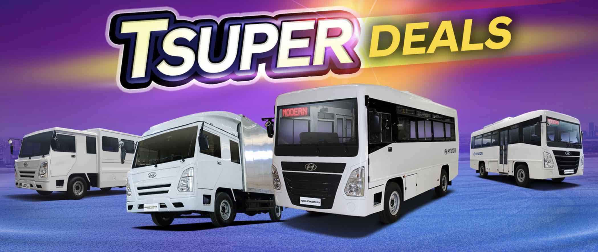 Hyundai HARICAB and Modern PUV lineup showcased under the Tsuper Deals promo with bold “Tsuper Deals” banner in the background.