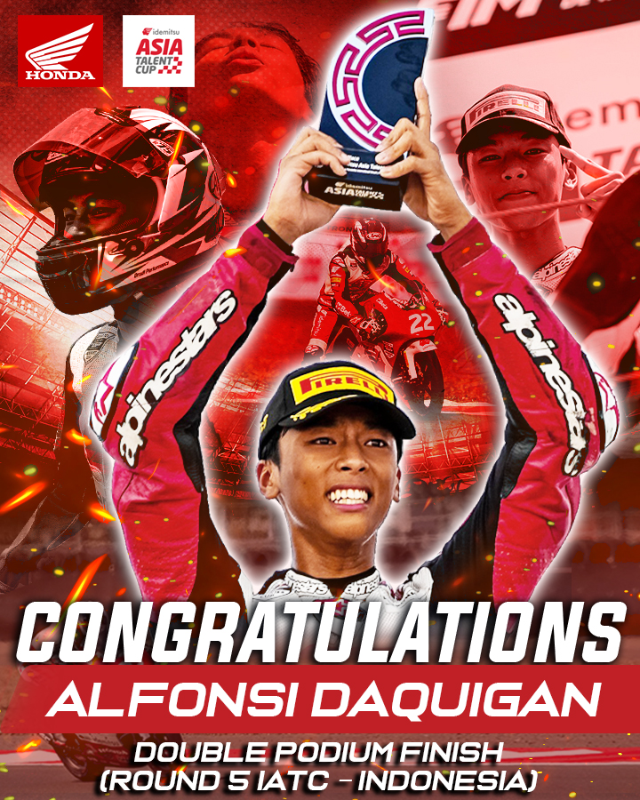 Alfonsi Daquigan celebrates his double podium win at the Idemitsu Asia Talent Cup Round 5 in Mandalika, Indonesia, holding his trophy with both hands while Honda and Asia Talent Cup logos appear in the background.