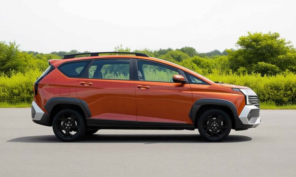 Side view of the 2026 Hyundai Stargazer X in orange, showcasing its new rugged design and black alloy wheels.