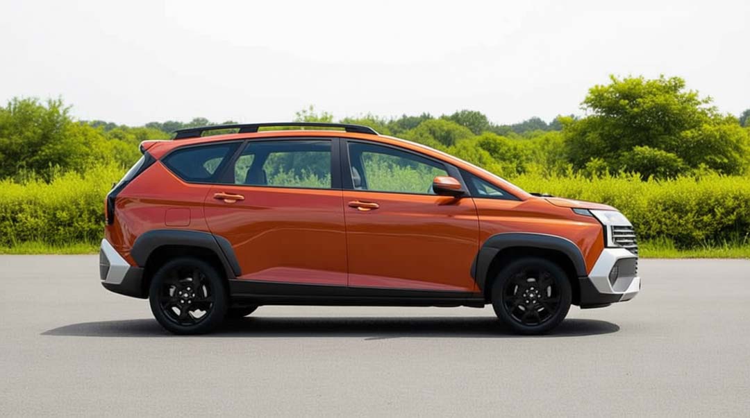 Side view of the 2026 Hyundai Stargazer X in orange, showcasing its new rugged design and black alloy wheels.