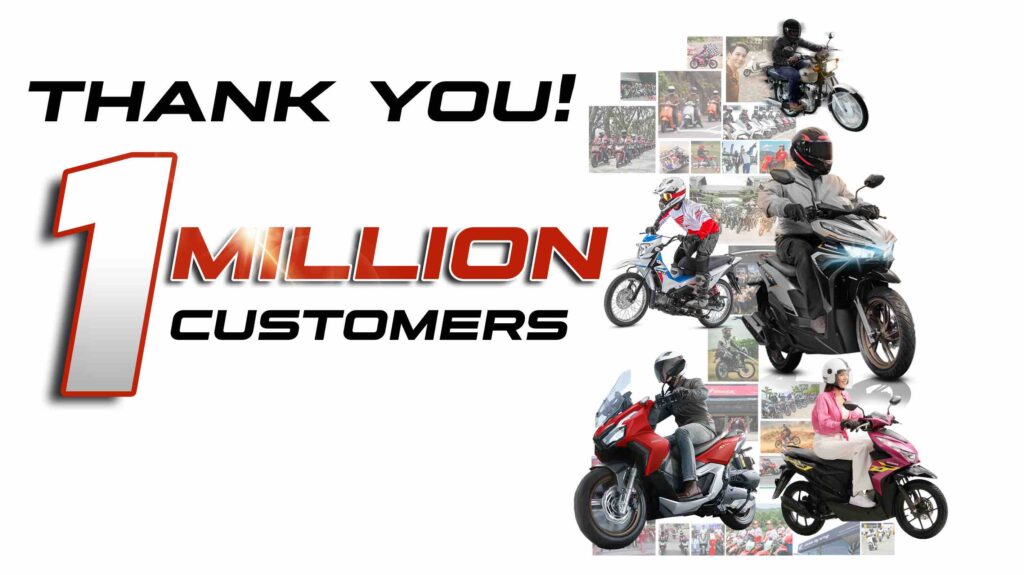 Honda Philippines celebrates reaching 1 million motorcycle customers with riders of popular models like the CLICK125, ADV160, BeAT, and XRM125 against a collage of loyal