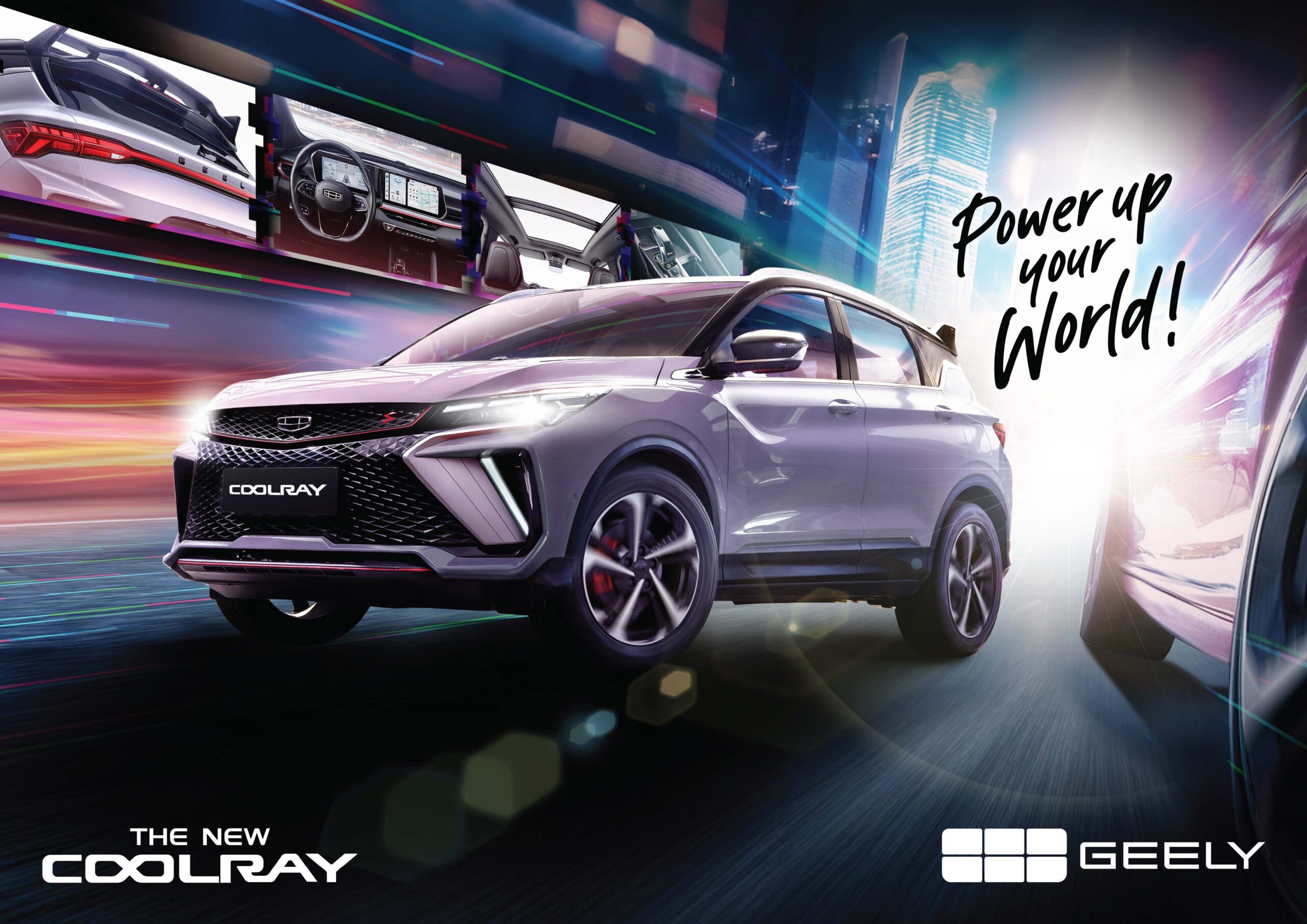 The new Geely Coolray driving through a futuristic city with motion blur lights, showcasing its sporty design and modern LED headlights.
